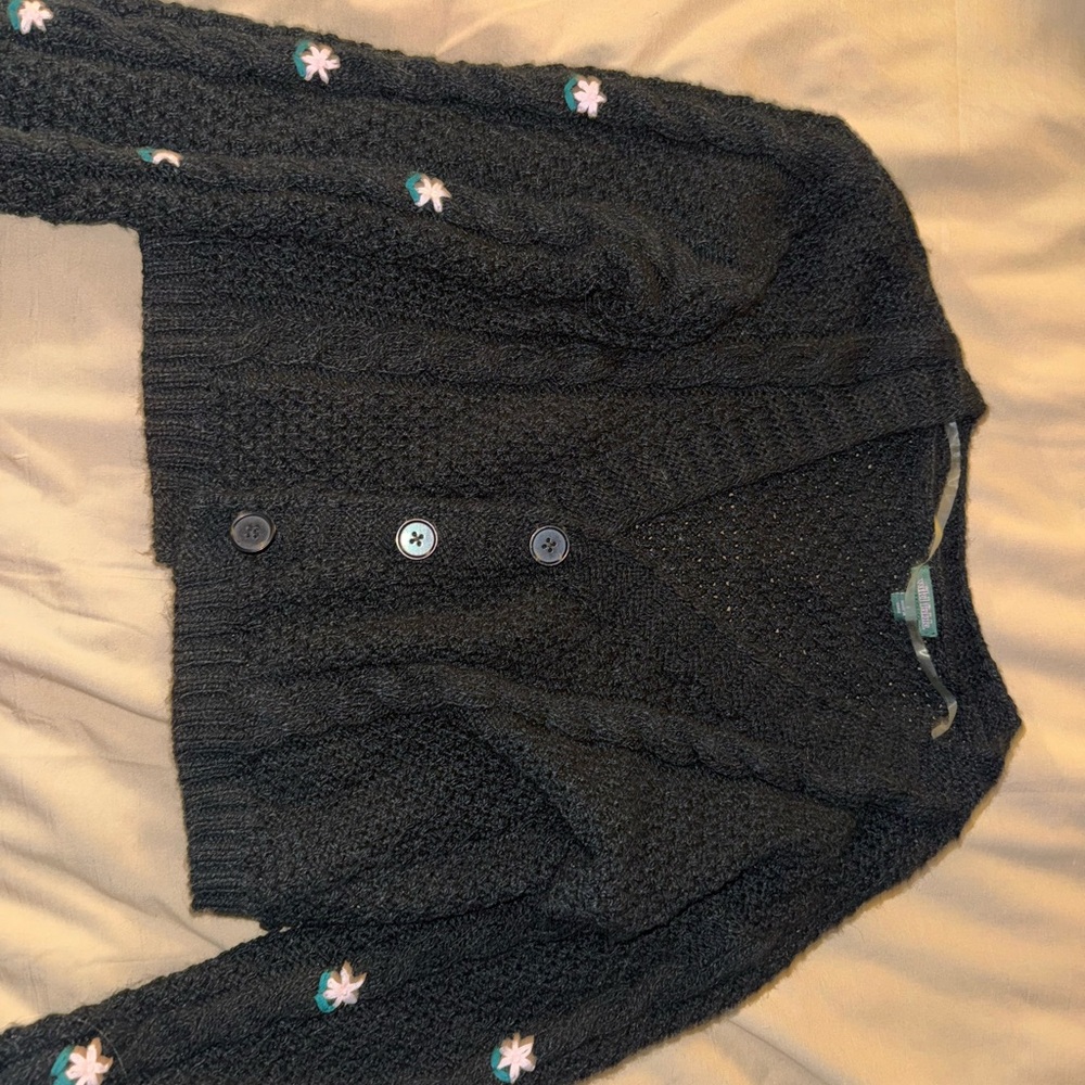 Black Cable Knit Cardigan with Floral Accents